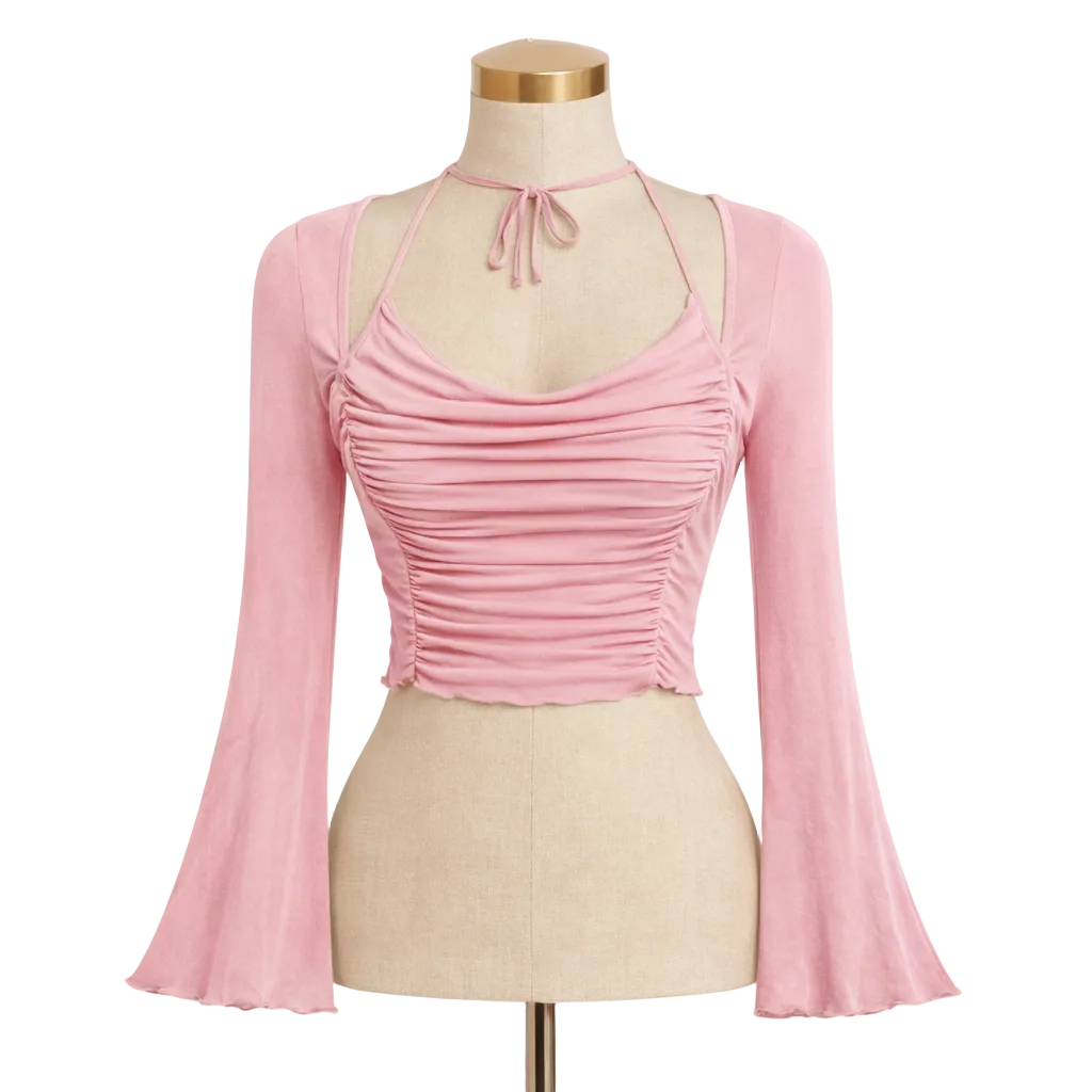 Maroon Ruched Flared Sleeve Crop Top