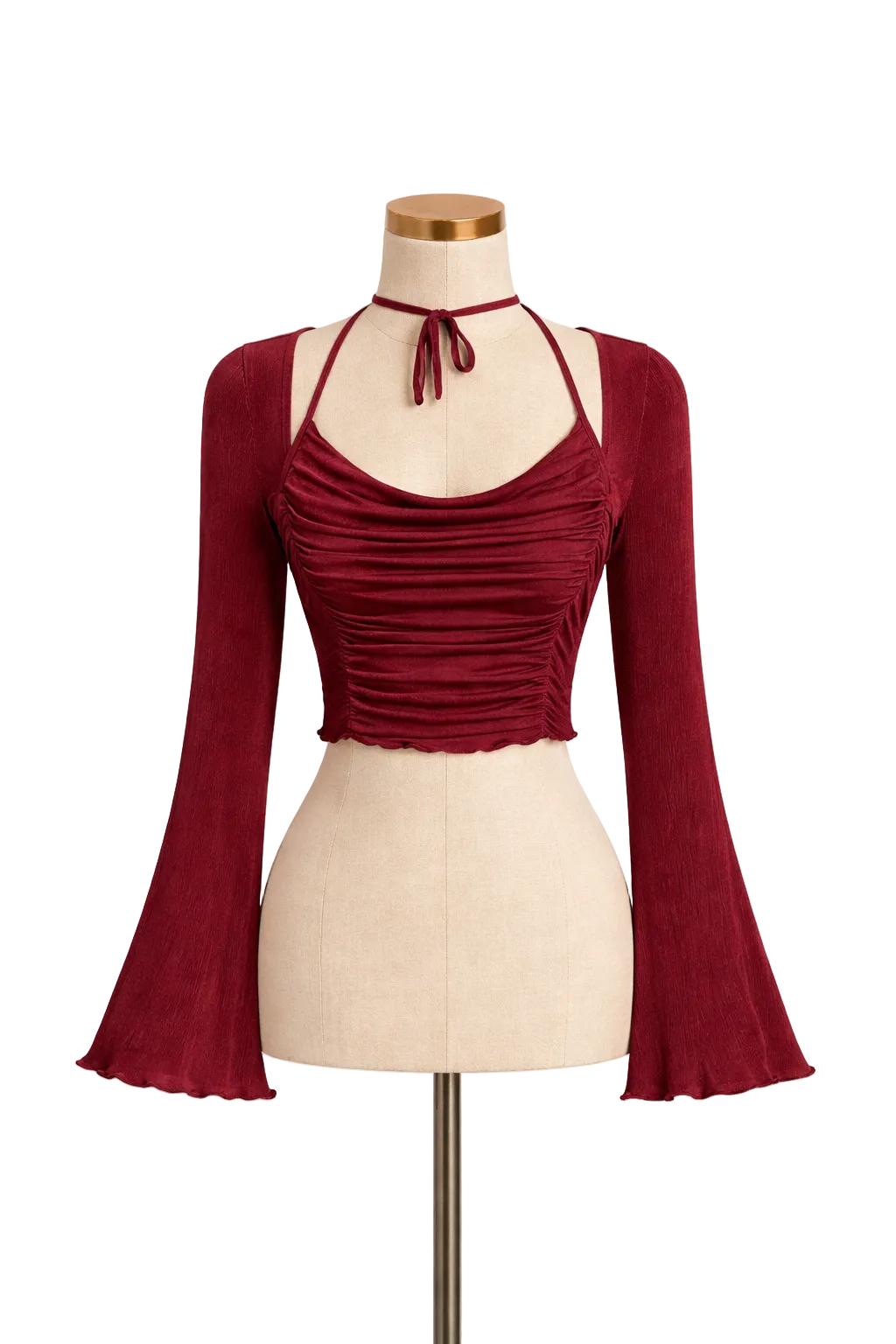 Maroon Ruched Flared Sleeve Crop Top