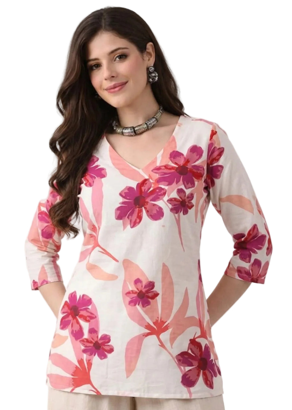 Pink Floral V-Neck Kurti