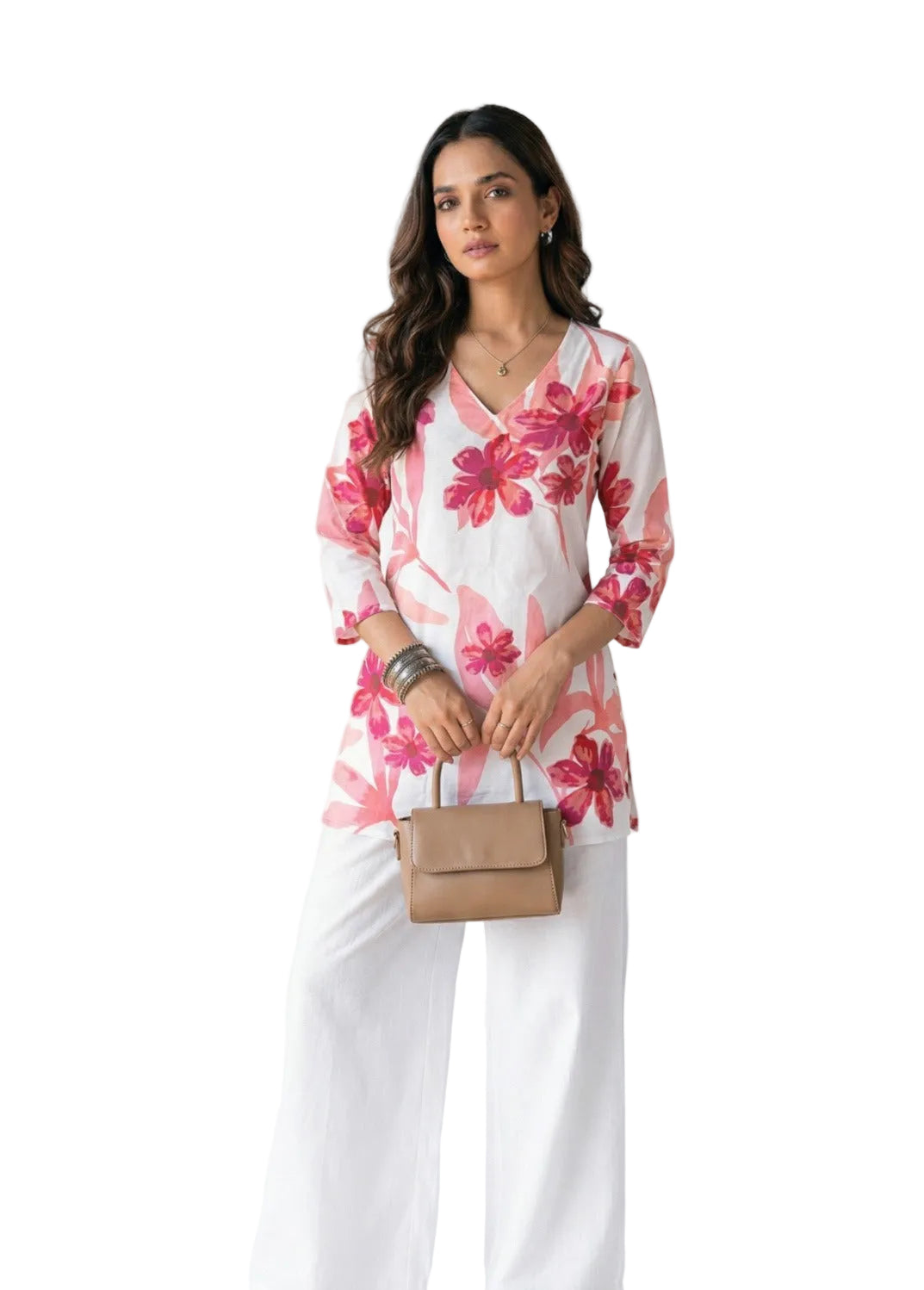 Pink Floral V-Neck Kurti