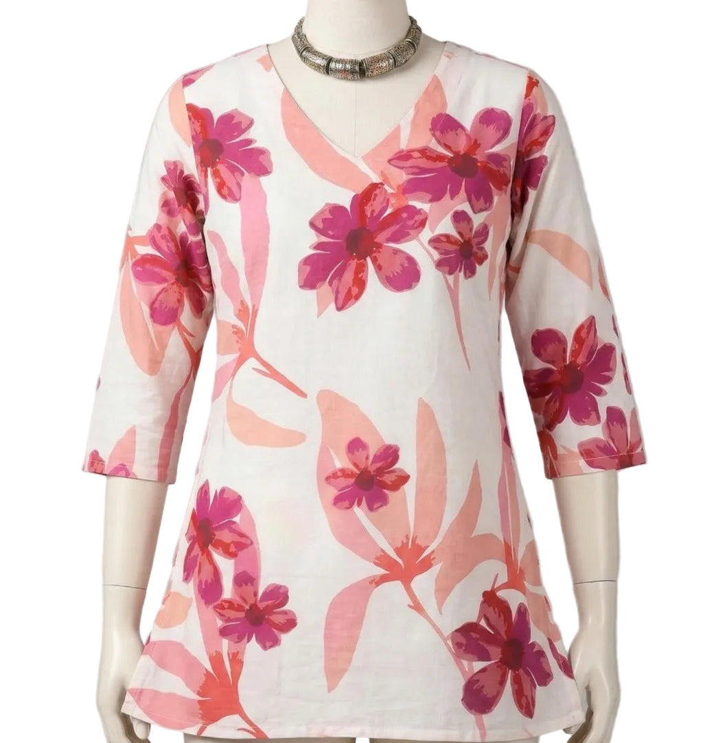 Pink Floral V-Neck Kurti
