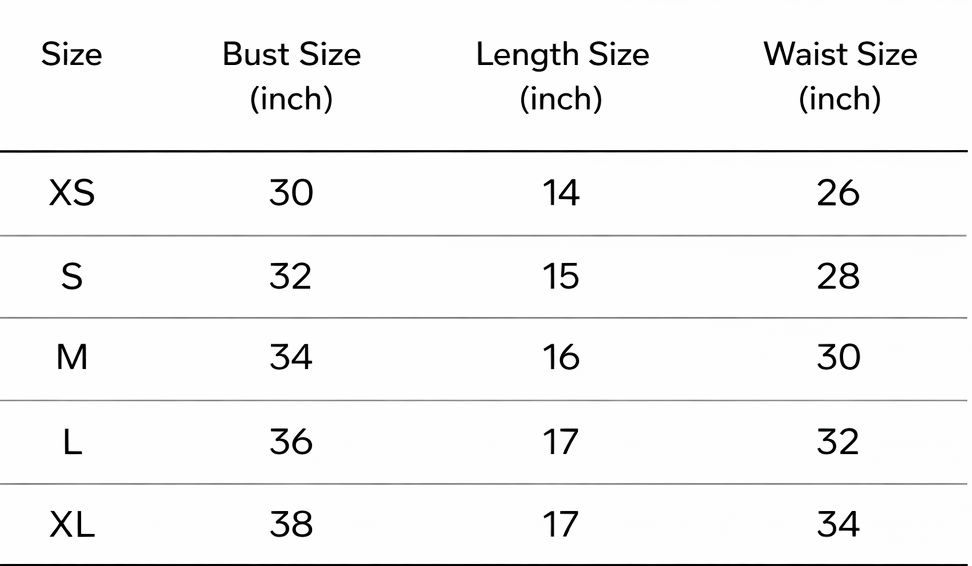Size Chart in Inches