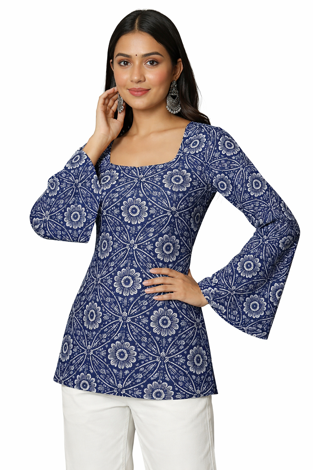 Indigo Bloom Bell-Sleeve Kurti