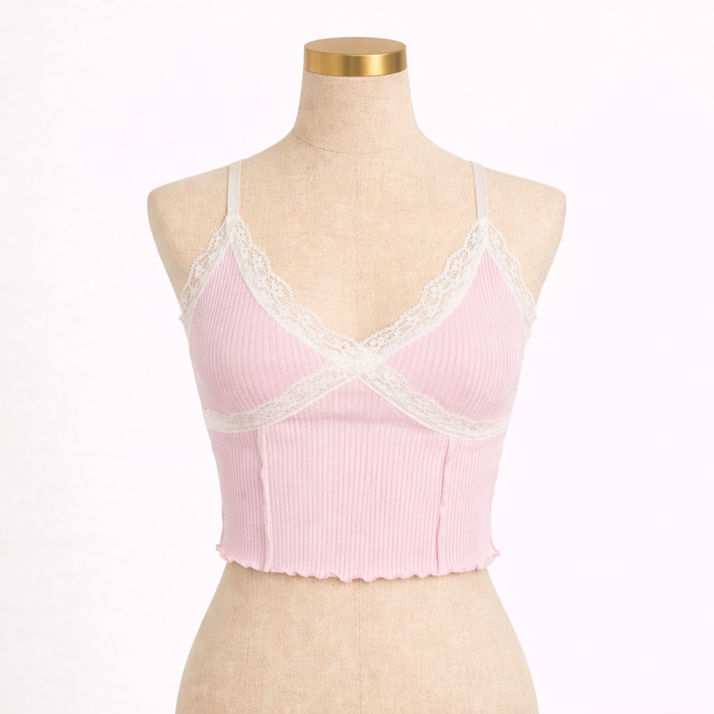 Lace Cross Ribbed Cami Crop Top