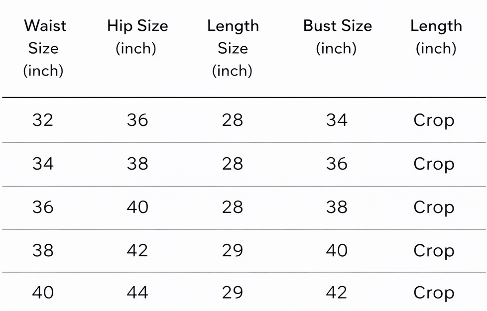 Size Chart in Inches
