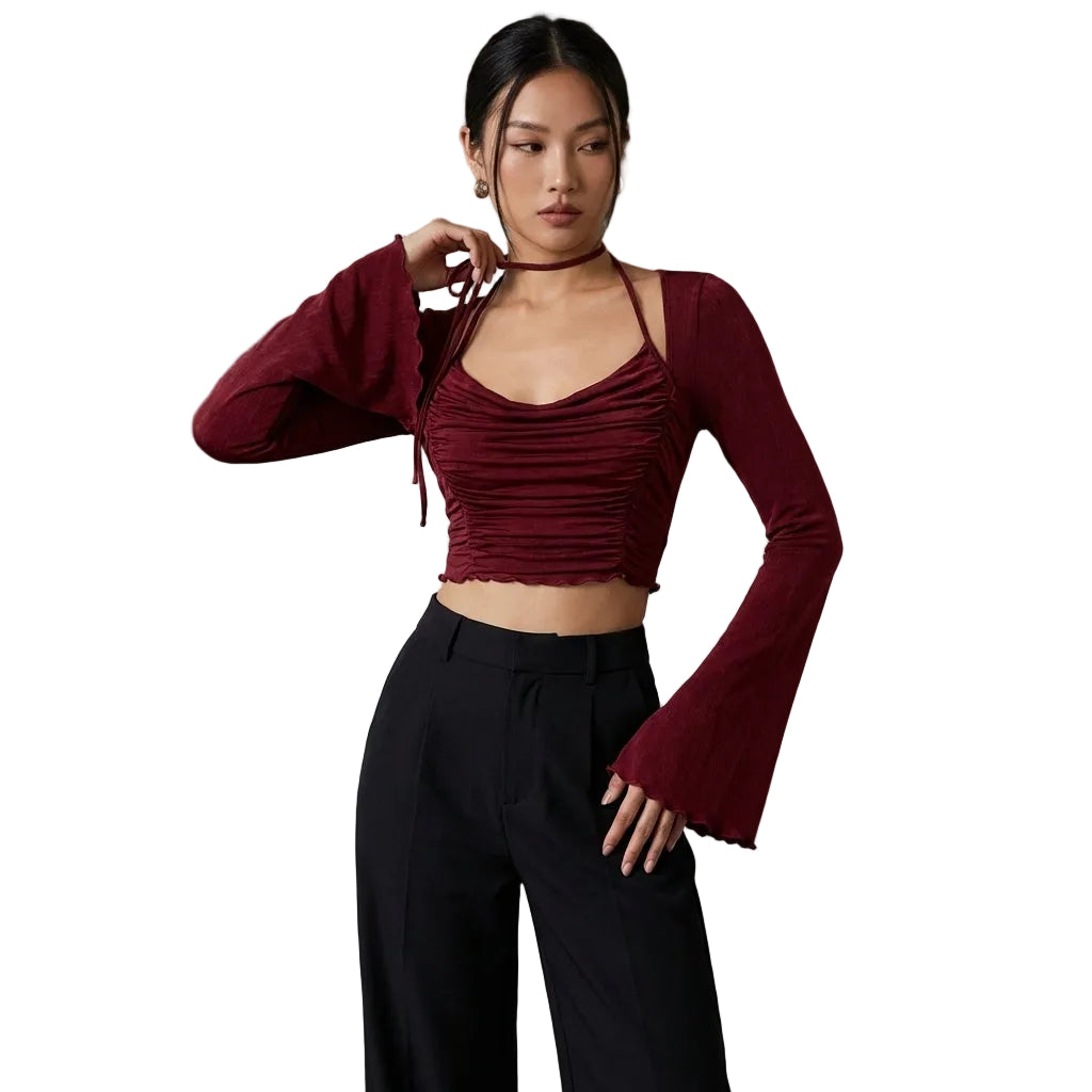 Maroon Ruched Flared Sleeve Crop Top