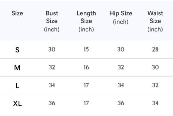 Size Chart in Inches